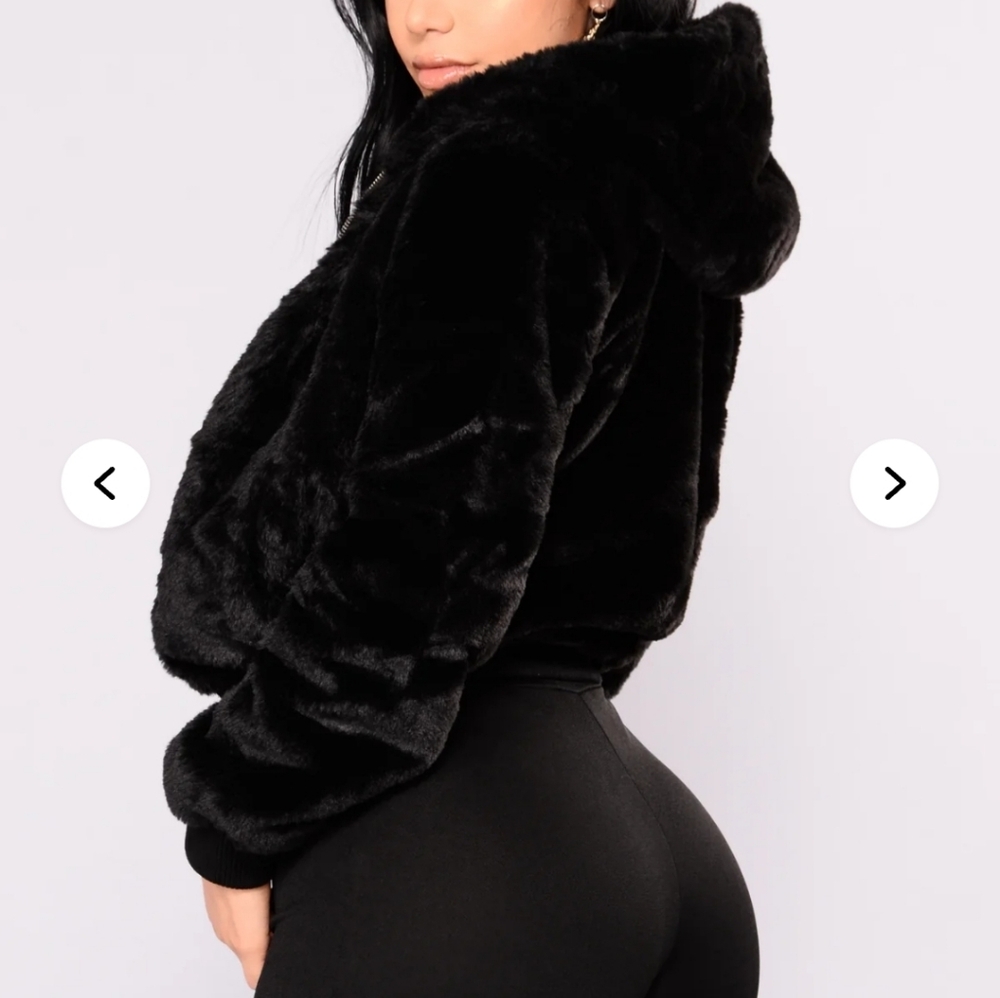 Fashion Nova Black Faux Fur Hoodie- Size M